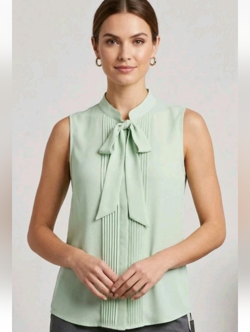 Karl Lagerfeld Paris Top Mint Green Pleated Tie Neck Sleeveless Blouse S NEW